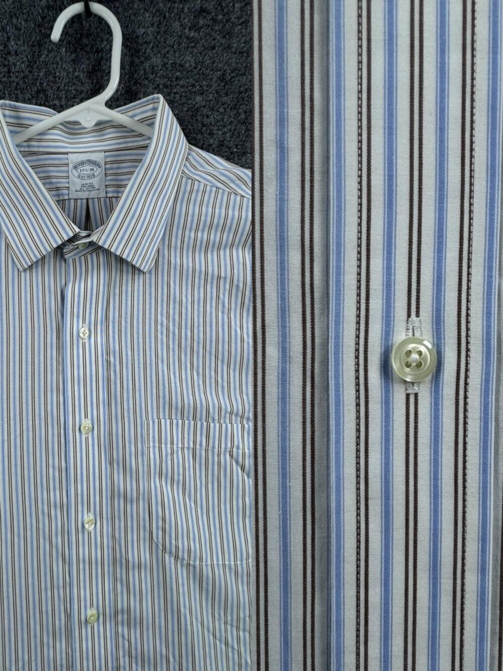 Brooks Brothers Striped Cotton Blue Slim 17.5 35 Men Non-Iron Pocket Office